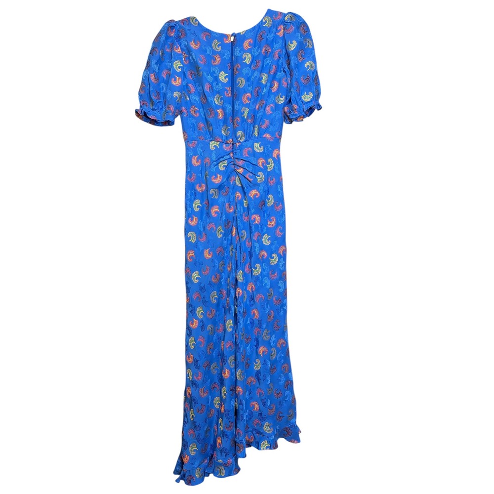 Saloni Vida Silk Satin Floral Jacquard Midi Dress Puff Sleeve‎ Cobalt Blue - Picture 5 of 9